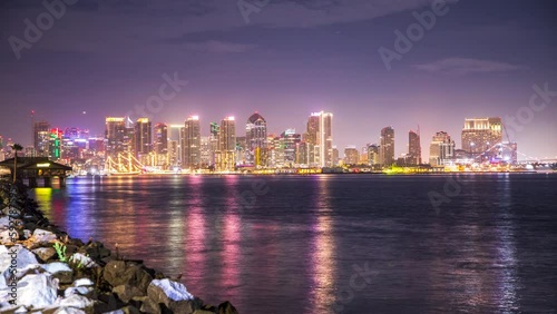 4K Timelapse of the Downtown San Diego, California skyline from across San Diego Bay, which is a natural harbor for the Pacific Ocean near the United States and Mexico border.