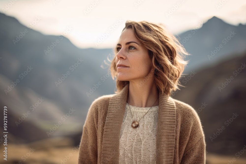 Portrait of a young woman in a beige sweater on a background of mountains