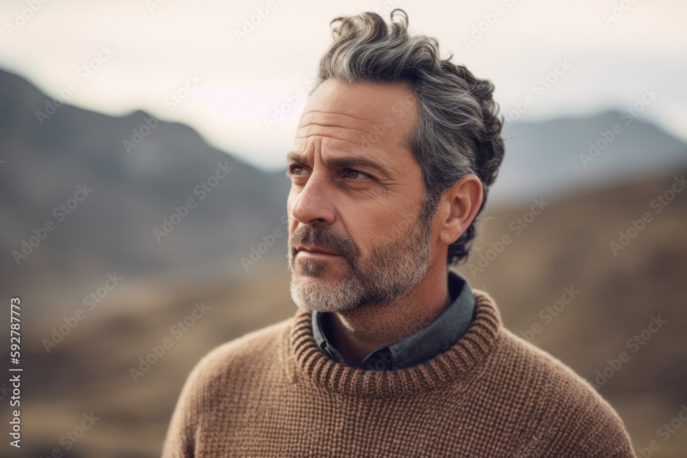 Portrait of a handsome middle-aged man with gray hair and beard wearing a brown sweater on the top of a mountain. Portrait of a handsome middle-aged man with gray hair and beard wearing a brown sweater on the top of a mountain.