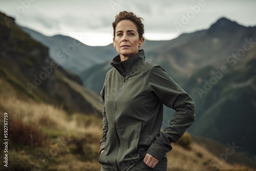 Handsome middle-aged woman in sportswear standing on a mountain peak
