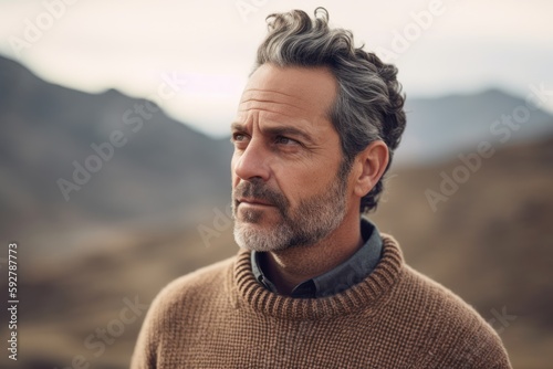 Portrait of a handsome middle-aged man with gray hair and beard wearing a brown sweater on the top of a mountain.