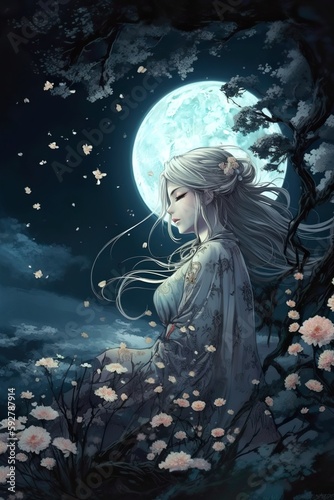 Japanese cartoon anime girl in a kimono dress in a flower field on a full moon made with generative AI © Vitalii But