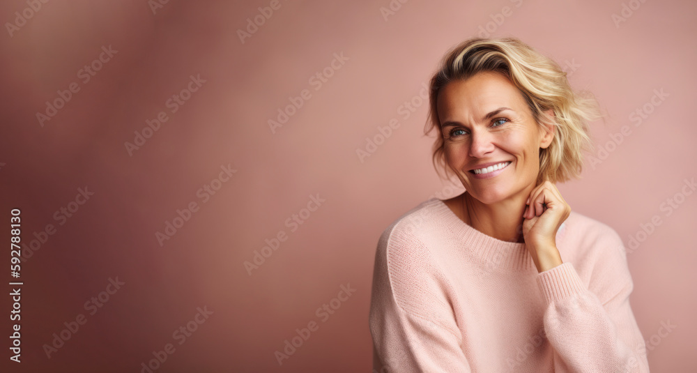 Fototapeta premium Portrait of a beautiful woman with blond hair in a pink sweater