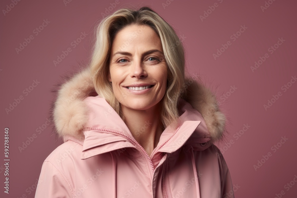 Beautiful blonde woman in a pink jacket on a pink background. Beautiful blonde woman in a pink jacket on a pink background.