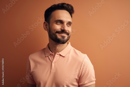 Lifestyle portrait photography of a pleased man in his 30s wearing a sporty polo shirt against a pastel or soft colors background. Generative AI © Robert MEYNER