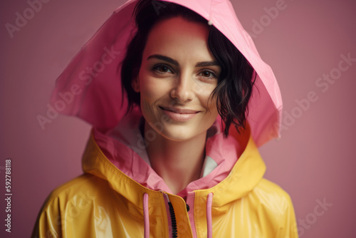 Portrait of a beautiful young woman in raincoat on pink background © Robert MEYNER