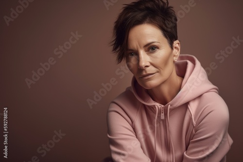 Portrait of a middle-aged woman in a pink hoodie.