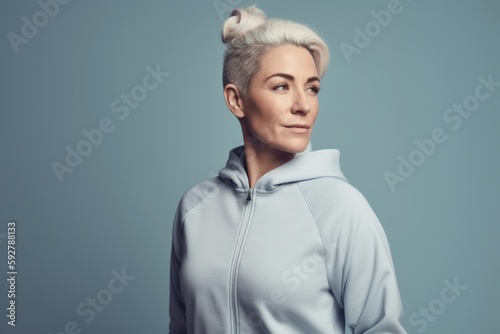 Portrait of a beautiful middle-aged woman in a white hoodie.