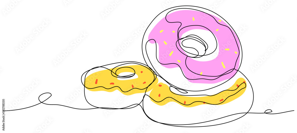 Colored donuts in one line on a white background. Sweet cartoon gingerbread concept. Vector stock illustration of simple donuts. Colored donuts in one line on a white background. Sweet cartoon gingerbread concept. Vector stock illustration of simple donuts.