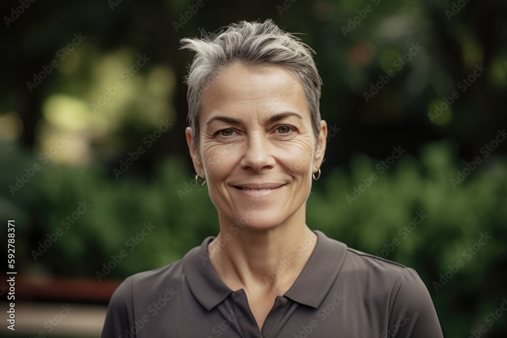 Portrait of smiling middle-aged woman with short gray hair in park Portrait of smiling middle-aged woman with short gray hair in park