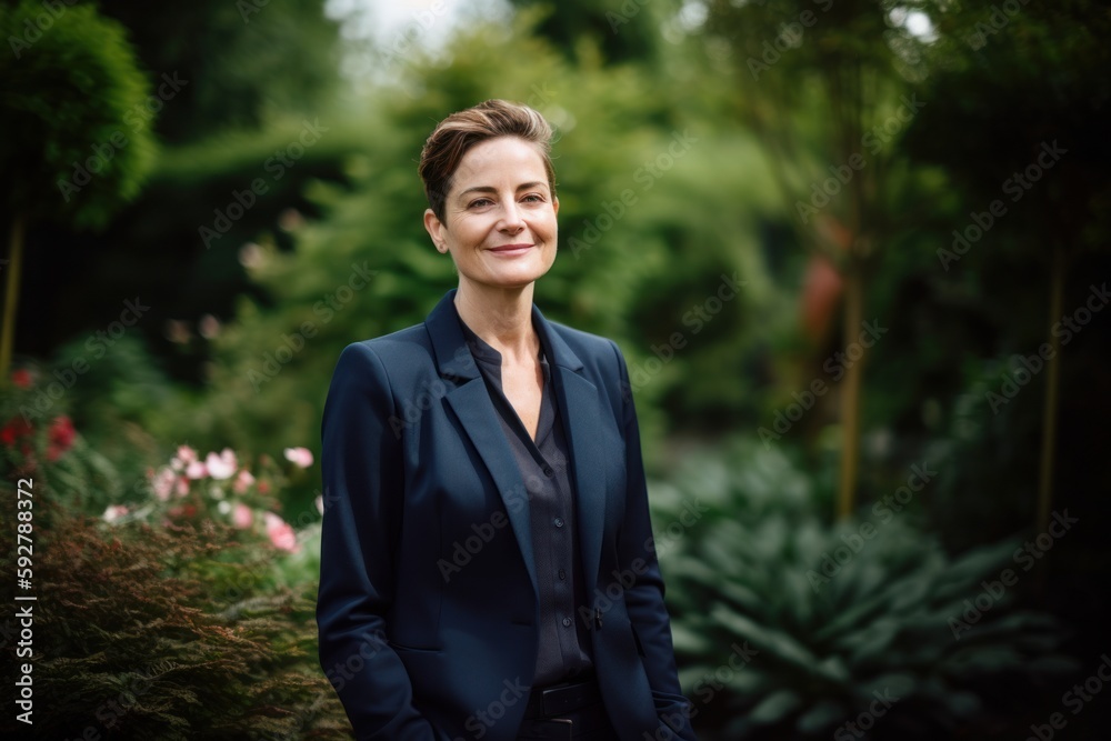 Portrait of a smiling businesswoman standing in the garden and looking at camera Portrait of a smiling businesswoman standing in the garden and looking at camera