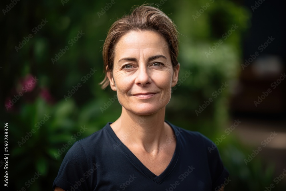 Medium shot portrait photography of a pleased woman in her 40s wearing a sporty polo shirt against a garden or botanical background. Generative AI Medium shot portrait photography of a pleased woman in her 40s wearing a sporty polo shirt against a garden or botanical background. Generative AI