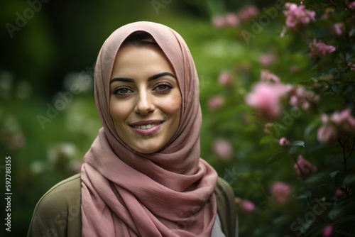 Young muslim woman with hijab smiling at camera in the garden.