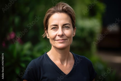 Medium shot portrait photography of a pleased woman in her 40s wearing a sporty polo shirt against a garden or botanical background. Generative AI