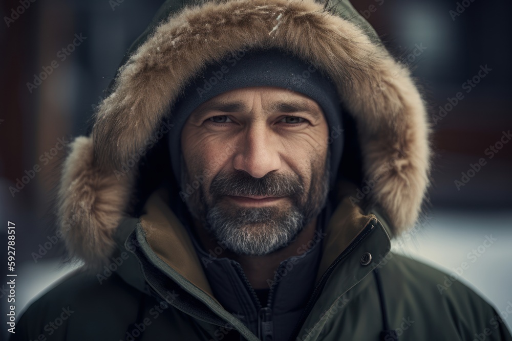 Obraz premium Portrait of a man with a gray beard in a winter jacket