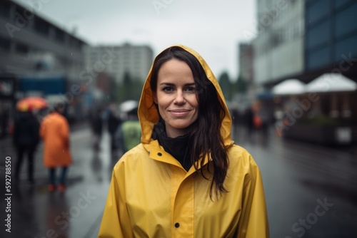 young beautiful brunette woman in raincoat on the street of city © Robert MEYNER