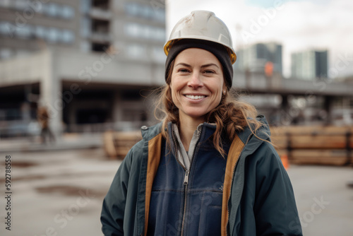Portrait of a smiling female worker in a hardhat on the construction site