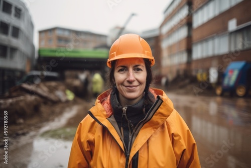 Medium shot portrait photography of a pleased woman in her 30s wearing a vibrant raincoat against a construction site or work zone background. Generative AI © Robert MEYNER