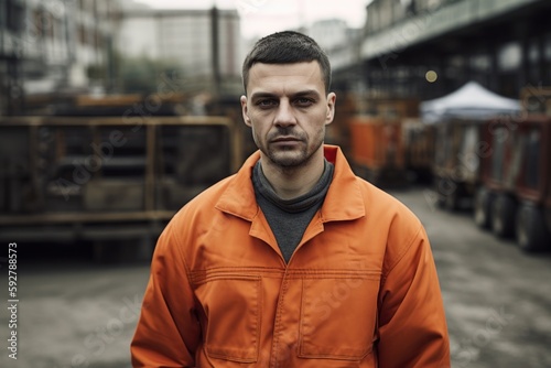 Portrait of a handsome young man in an orange jumpsuit.