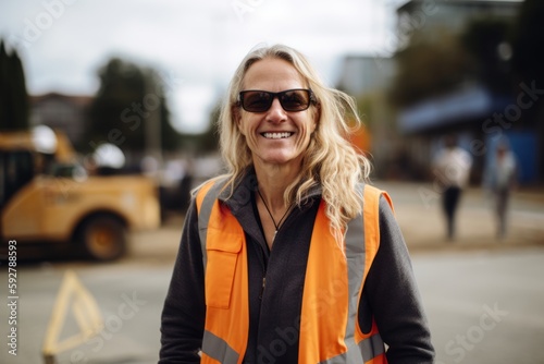 Portrait of a smiling female construction worker wearing safety vest and sunglasses outdoors