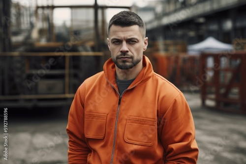 Portrait of a brutal man in an orange jacket in the city