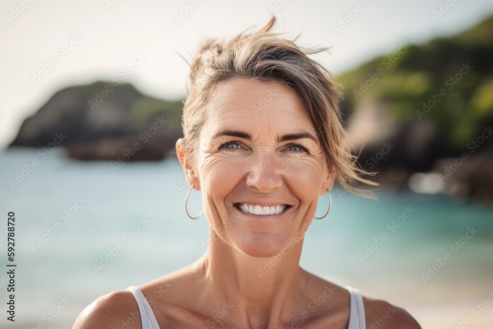 Portrait of smiling mature woman standing on beach with eyes wide open