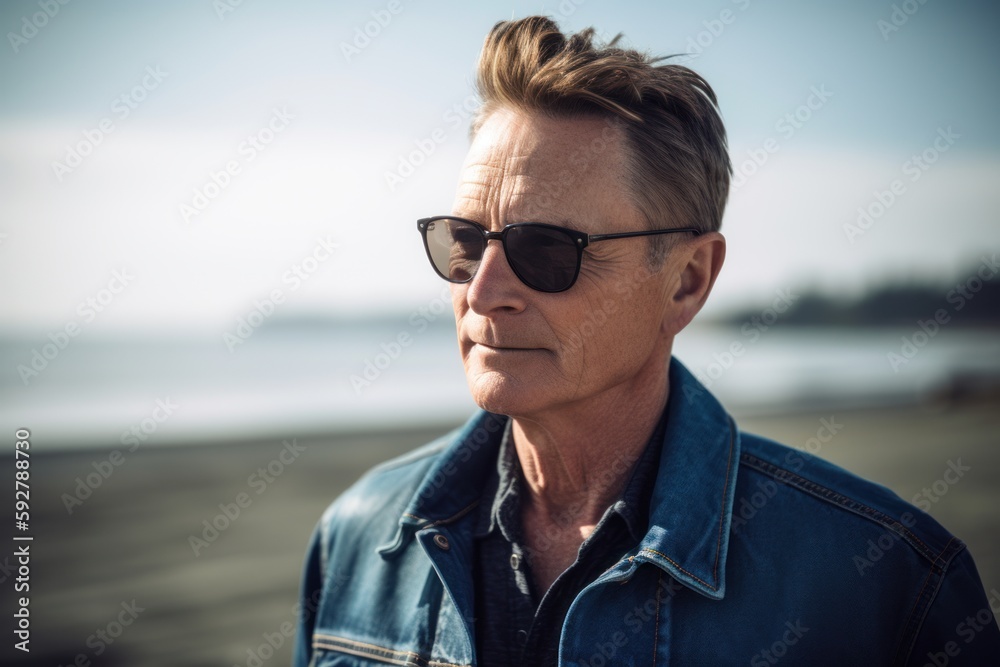 Handsome middle-aged man in jeans jacket and sunglasses standing on the beach. Handsome middle-aged man in jeans jacket and sunglasses standing on the beach.