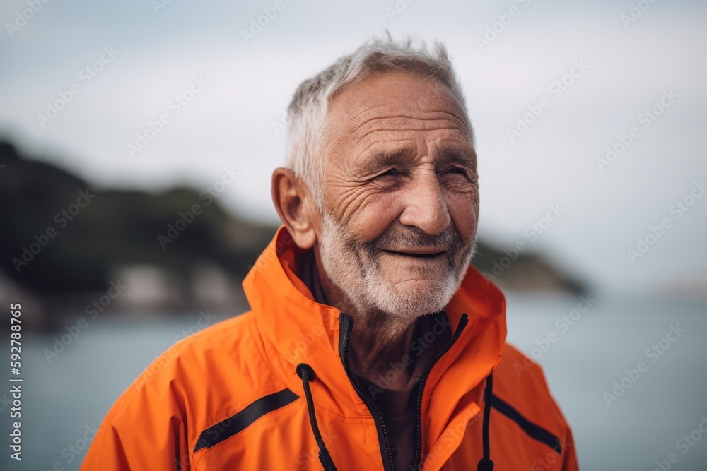 Portrait of an elderly man in a bright orange jacket on the seashore
