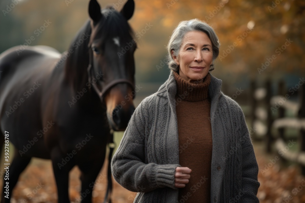 Obraz premium Mature woman with a horse in an autumn park. Selective focus.