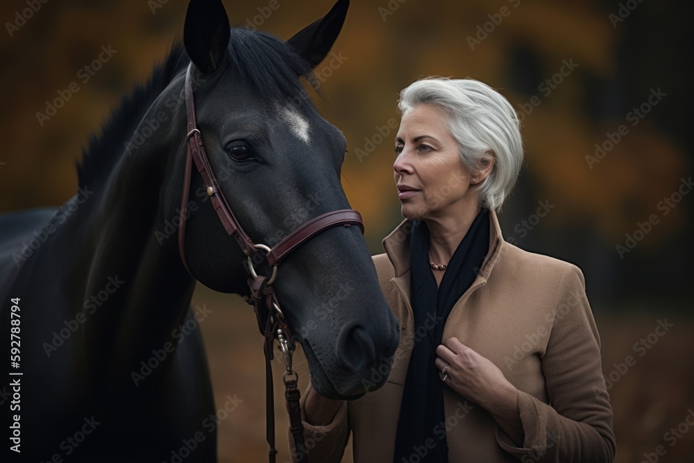 Obraz premium Environmental portrait photography of a satisfied woman in her 50s wearing a chic cardigan against an equestrian or horse background. Generative AI