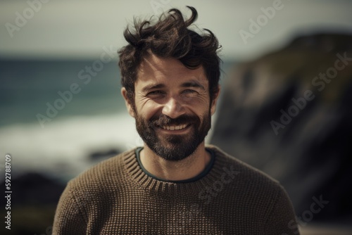 Portrait of a handsome man smiling at the camera on the beach