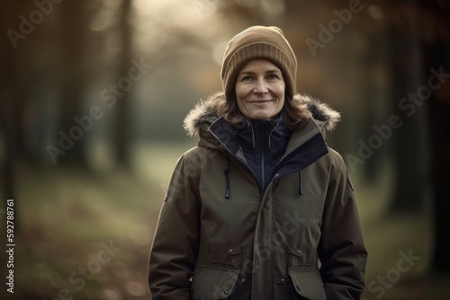 Portrait of smiling middle-aged woman in winter jacket and hat standing in forest