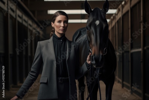 portrait of a beautiful woman in a coat with a black horse © Robert MEYNER