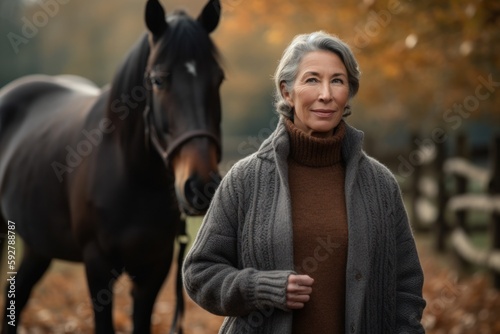 Mature woman with a horse in an autumn park. Selective focus.