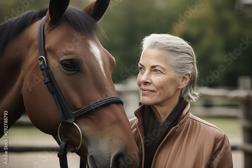 Portrait of a beautiful mature woman with a horse in the countryside