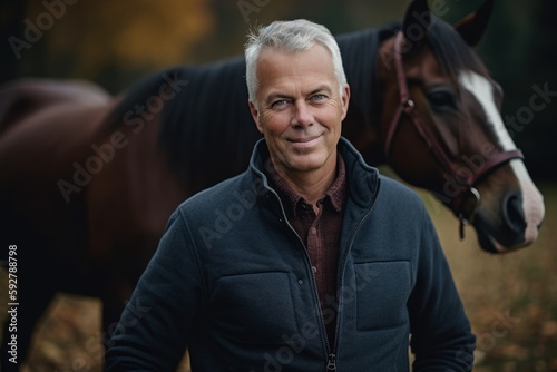 Portrait of a handsome mature man with a horse in the autumn forest © Robert MEYNER