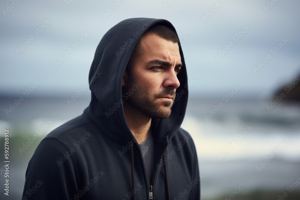 Portrait of a young handsome man wearing hoodie on the beach. Portrait of a young handsome man wearing hoodie on the beach.