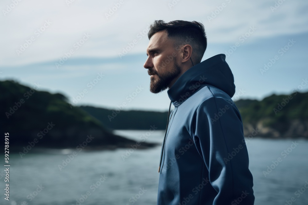 Handsome bearded man in a blue jacket is standing near the sea.