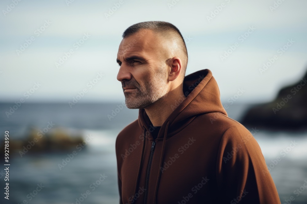 Fototapeta premium Portrait of a handsome middle-aged man in a brown hoodie standing by the sea.