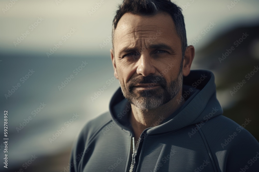 Fototapeta premium Portrait of a handsome middle-aged man in sportswear on the beach.