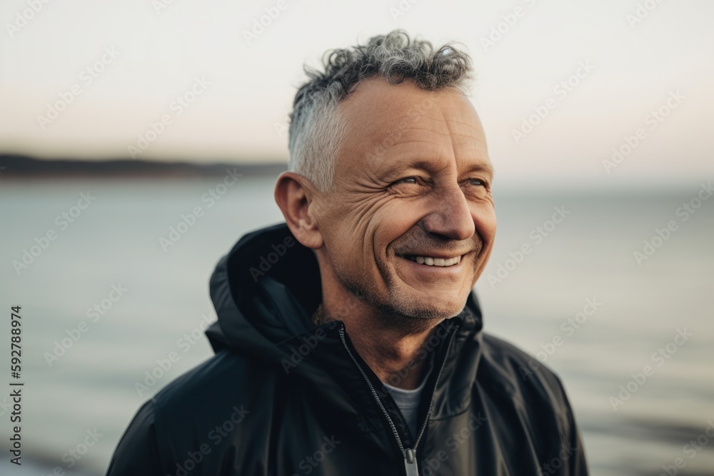 Portrait of a smiling senior man standing by the sea at sunset