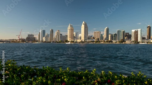 4K Panning Timelapse of the Downtown San Diego skyline across San Diego Bay from Coronado Island during sunset with sailboats in the Pacific Ocean.