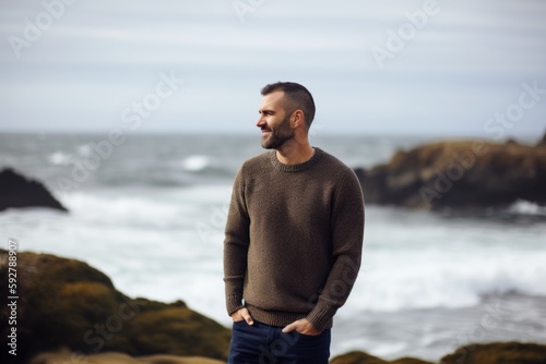 Portrait of handsome man standing with hands in pockets at the beach