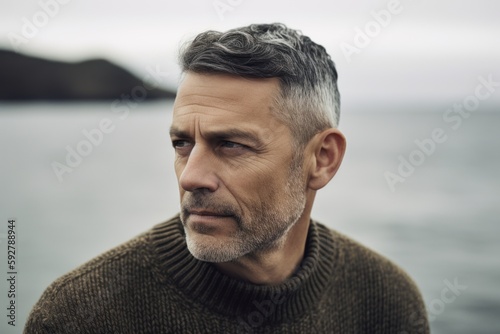 Portrait of a handsome mature man with grey hair in a sweater on the seashore