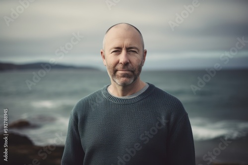 Portrait of a bald man with a beard in a sweater on the seashore