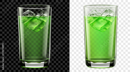 Translucent tall glass of green cocktail with ice cubes. Two options, for dark and light background. Transparency only in vector format