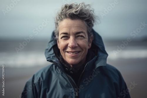 Portrait of a smiling senior woman standing on the beach by the sea
