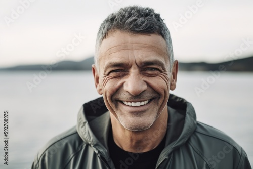 Portrait of smiling mature man looking at camera while standing on pier