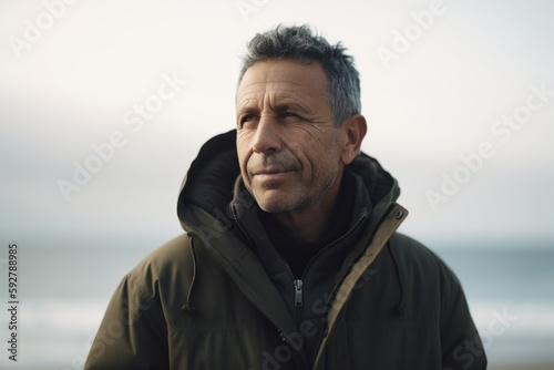 Portrait of senior man in winter jacket standing on beach and looking away