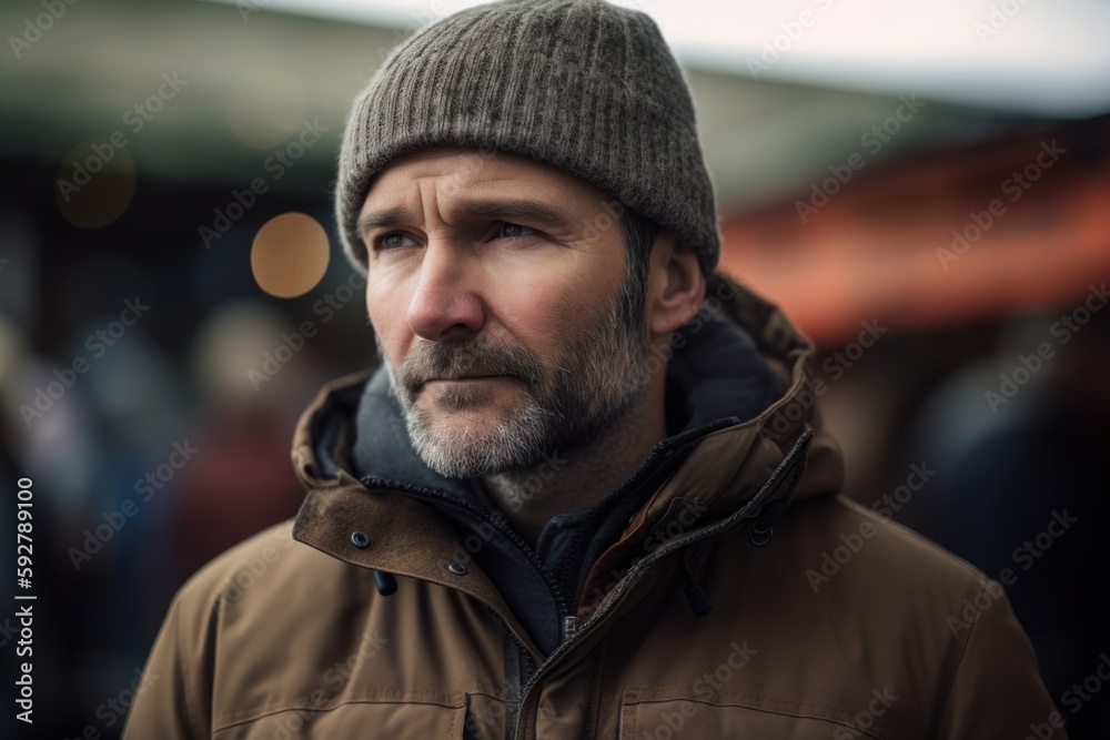 Portrait of a bearded middle-aged man with a gray beard in a brown jacket and a knitted hat. Portrait of a bearded middle-aged man with a gray beard in a brown jacket and a knitted hat.